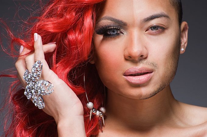 Трансвеститы, наполовину, по лица, макияж, накрашенные