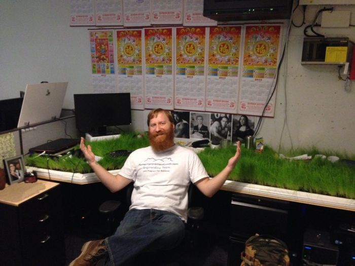 Зеленый газон, сочный, на рабочем месте, компьютерный стол, трава