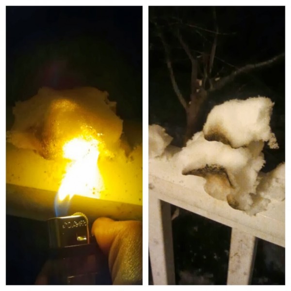 В Америке, снег, который не тает, поджигают снег, горит