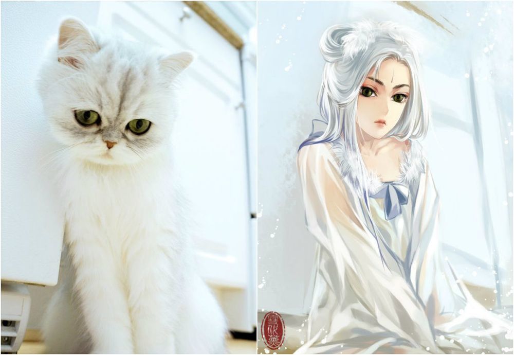 художник рисует кошки в персонажи аниме, художник превращает кошек в персонажей аниме
