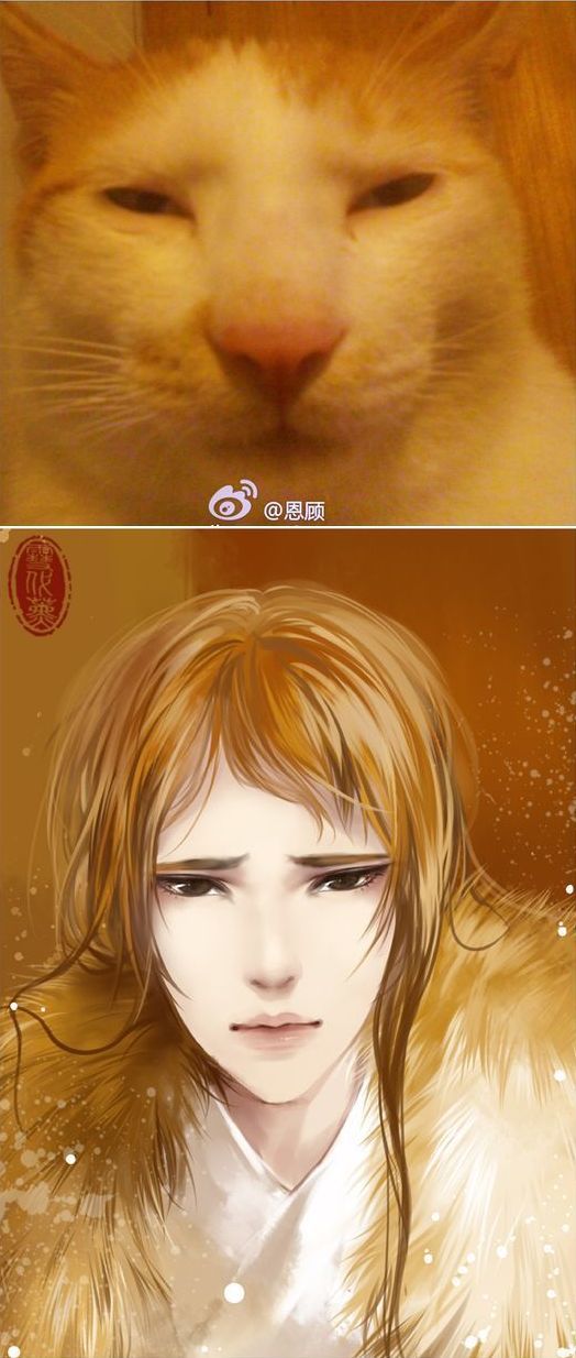 художник рисует кошки в персонажи аниме, художник превращает кошек в персонажей аниме