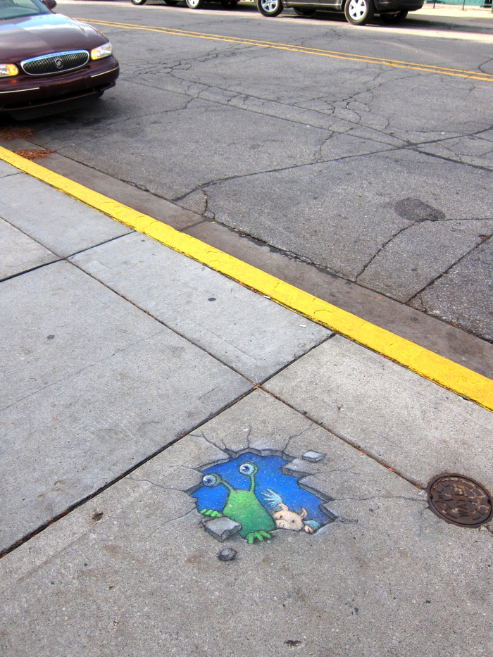 Дэвид Зинн, David Zinn, иллюстратор оживляет улицы рисунками