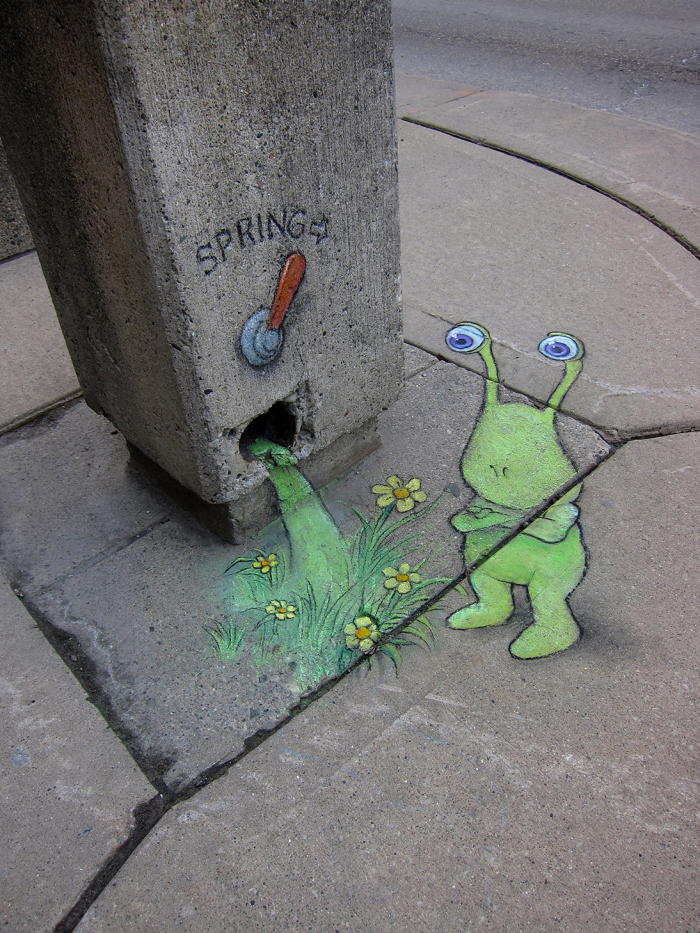 Дэвид Зинн, David Zinn, иллюстратор оживляет улицы рисунками