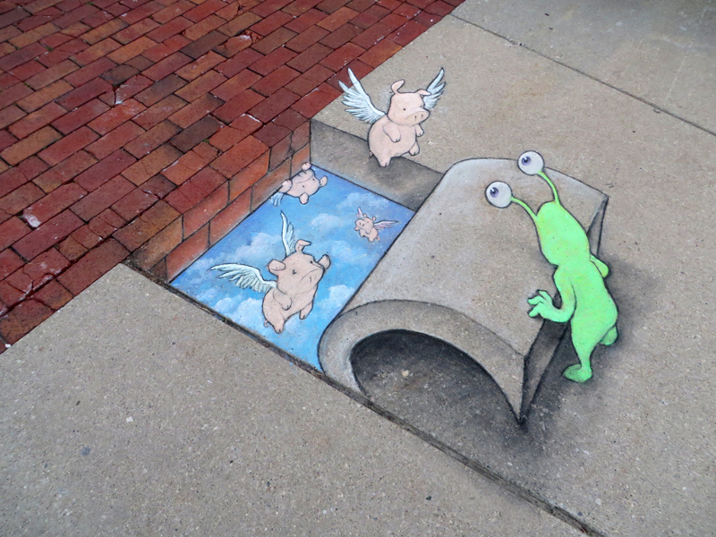Дэвид Зинн, David Zinn, иллюстратор оживляет улицы рисунками