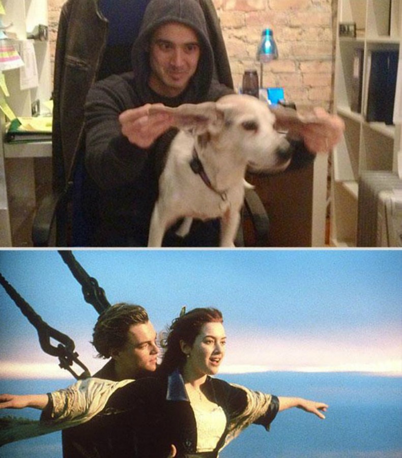 Парень, собака, воссоздаёт, повторяет, ремейк, романтические сцены, культовые фильмы, Reddit, MMSSPP