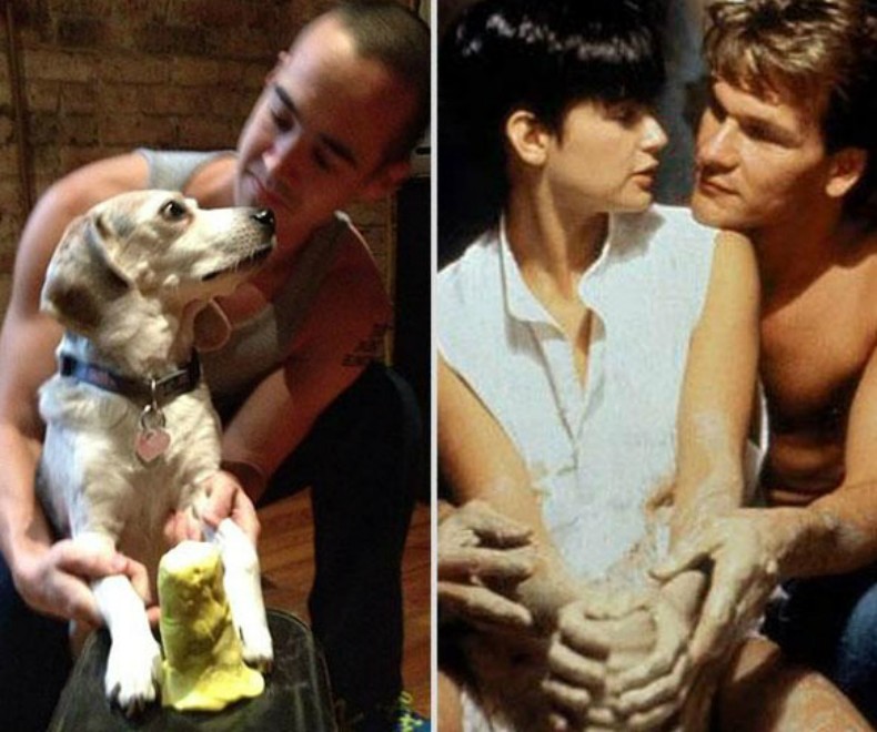 Парень, собака, воссоздаёт, повторяет, ремейк, романтические сцены, культовые фильмы, Reddit, MMSSPP
