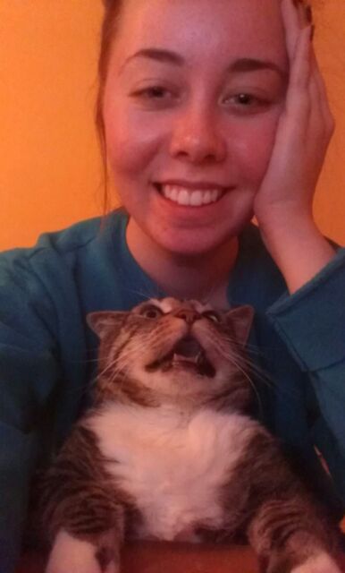 кот и его хозяйка, девушка пародирует кота