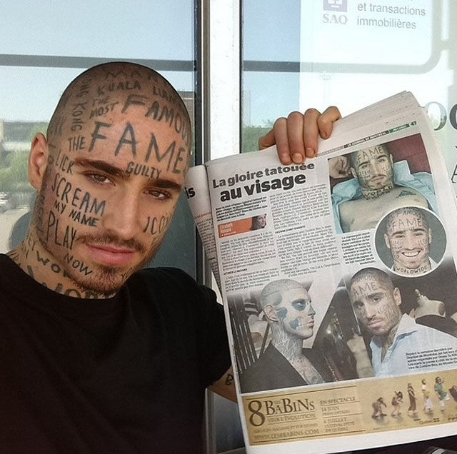 Канадская модель тату на лице, модель набил на лице случайные слова, Вин Лос, Vin Los, тату случайные слова по всему телу