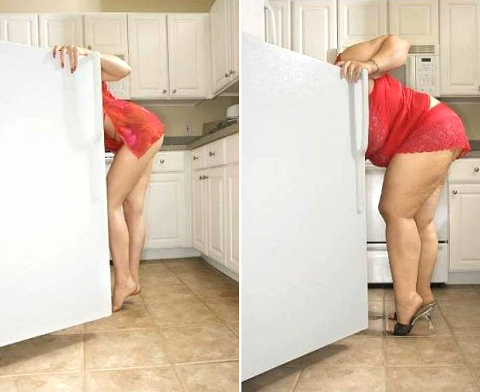 Быть толстым плохо. Девушка на кухне прикол. Толстуха у холодильника.