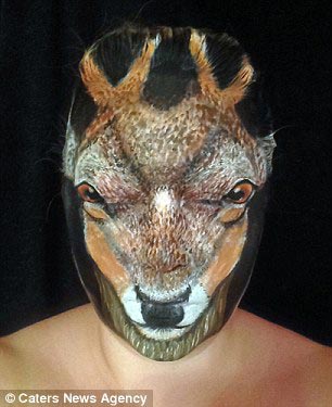 Мария Мэлоун-Герба, Maria Malone-Guerbaa, визажист превратила лицо в голову оленя, грим голова оленя, макияж голова оленя, визажист превратила себя в оленя