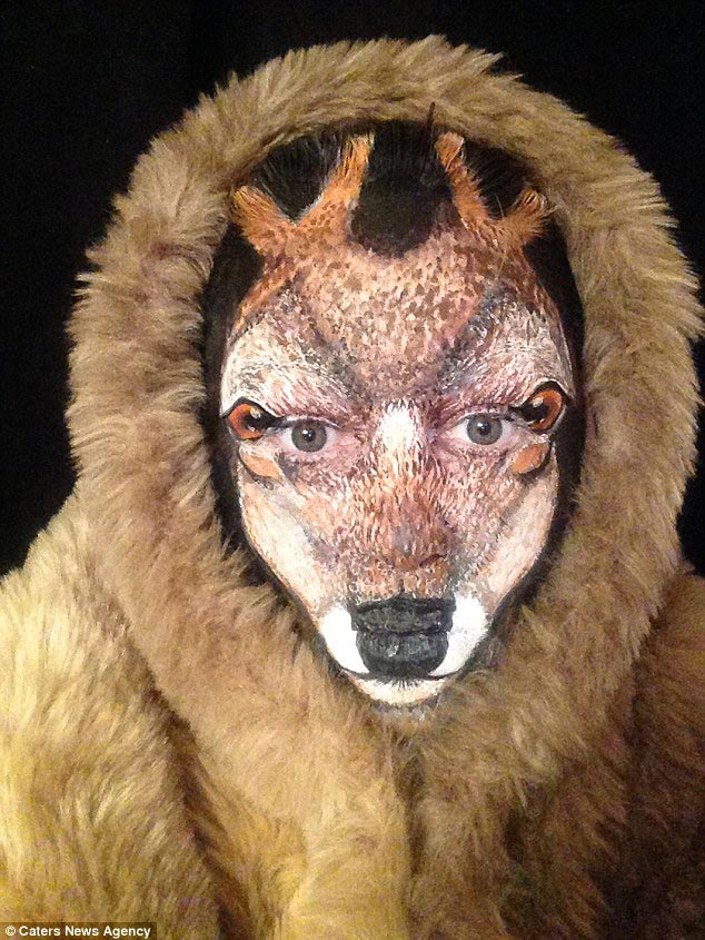 Мария Мэлоун-Герба, Maria Malone-Guerbaa, визажист превратила лицо в голову оленя, грим голова оленя, макияж голова оленя, визажист превратила себя в оленя