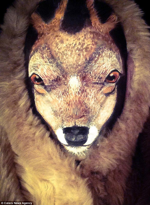 Мария Мэлоун-Герба, Maria Malone-Guerbaa, визажист превратила лицо в голову оленя, грим голова оленя, макияж голова оленя, визажист превратила себя в оленя