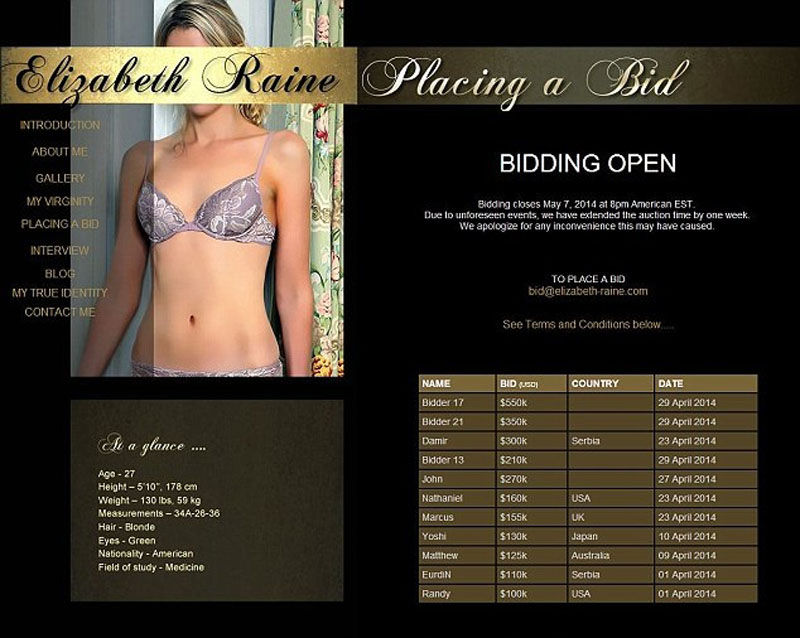 Элизабет Рейн, Elizabeth Raine, девственность на аукцион, девственность на продажу, 500000 за девственность