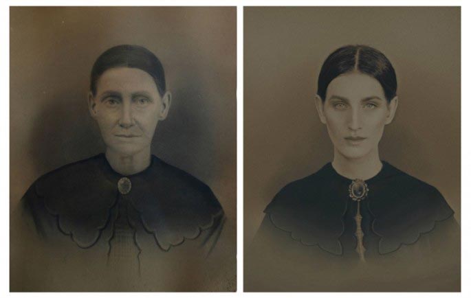 девушка воссоздает портреты своих предков, девушка воссоздает портреты своих бабушек, фотограф воссоздала портреты своих родственников