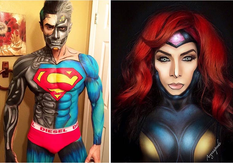 Аргенис Пинал,Argenis Pinal, боди-арт превращает себя в супергероев, парень боди-арт в супергероев, парень макияж супергерои