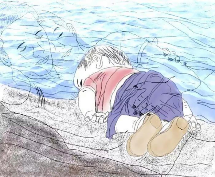 мертвый сирийский мальчик, Айлан Курди,Aylan Kurdi, художники иллюстрации сирийский мальчик, художники нарисовали мертвого сирийского мальчика