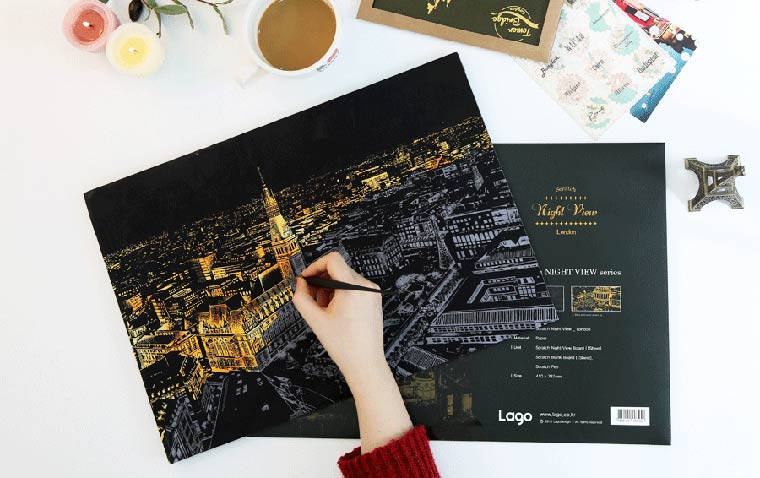 Нацарапай ночной вид, Scratch Night View, раскраска для взрослых, скретч плакаты, скретч открытки, скретч карты