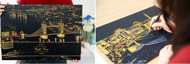 Нацарапай ночной вид, Scratch Night View, раскраска для взрослых, скретч плакаты, скретч открытки, скретч карты