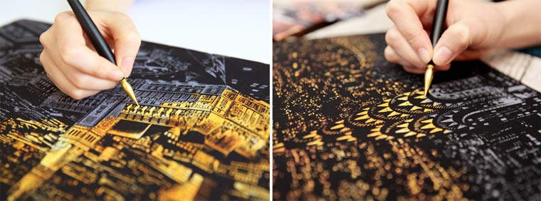 Нацарапай ночной вид, Scratch Night View, раскраска для взрослых, скретч плакаты, скретч открытки, скретч карты