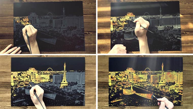 Нацарапай ночной вид, Scratch Night View, раскраска для взрослых, скретч плакаты, скретч открытки, скретч карты