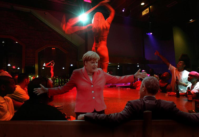 Барак Обама и Ангела Меркель на съезде большой семерки, Барак Обама и Ангела Меркель G7, мемы на фото Барак Обама и Ангела Меркель