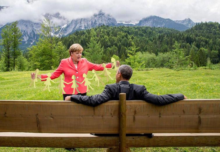 Барак Обама и Ангела Меркель на съезде большой семерки, Барак Обама и Ангела Меркель G7, мемы на фото Барак Обама и Ангела Меркель