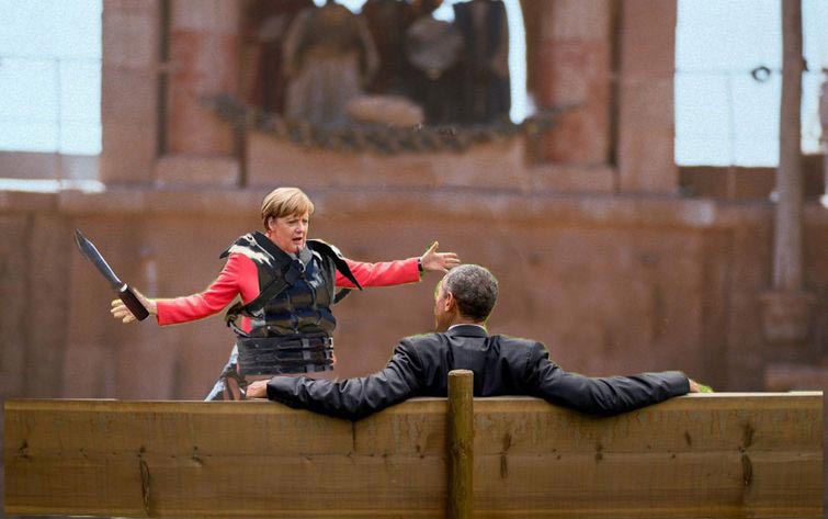 Барак Обама и Ангела Меркель на съезде большой семерки, Барак Обама и Ангела Меркель G7, мемы на фото Барак Обама и Ангела Меркель