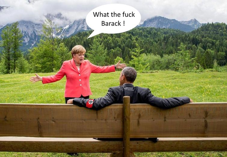 Барак Обама и Ангела Меркель на съезде большой семерки, Барак Обама и Ангела Меркель G7, мемы на фото Барак Обама и Ангела Меркель