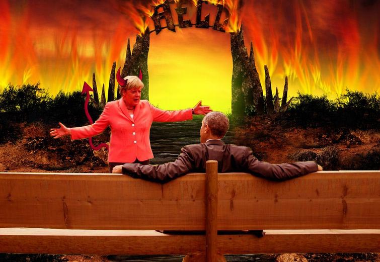 Барак Обама и Ангела Меркель на съезде большой семерки, Барак Обама и Ангела Меркель G7, мемы на фото Барак Обама и Ангела Меркель