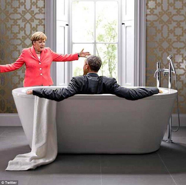 Барак Обама и Ангела Меркель на съезде большой семерки, Барак Обама и Ангела Меркель G7, мемы на фото Барак Обама и Ангела Меркель