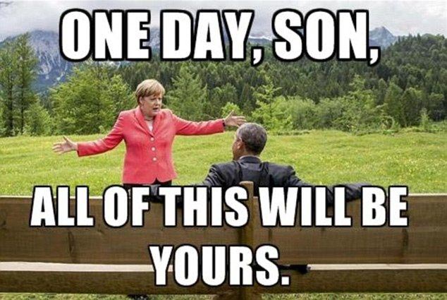 Барак Обама и Ангела Меркель на съезде большой семерки, Барак Обама и Ангела Меркель G7, мемы на фото Барак Обама и Ангела Меркель