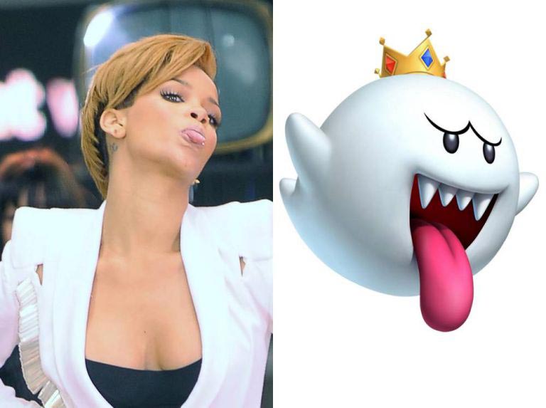 Рианна персонажи Марио, Рианна платья Super Mario Brothers, Рианна сходство Super Mario Brothers