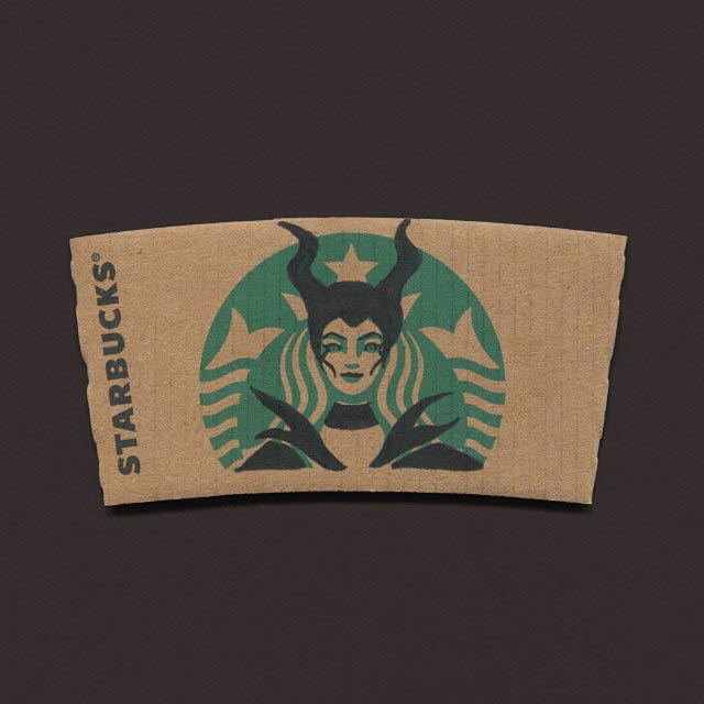 логотип Starbucks персонажи знаменитых мультфильмов, художник рисует персонажей Starbucks 