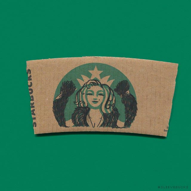логотип Starbucks персонажи знаменитых мультфильмов, художник рисует персонажей Starbucks 