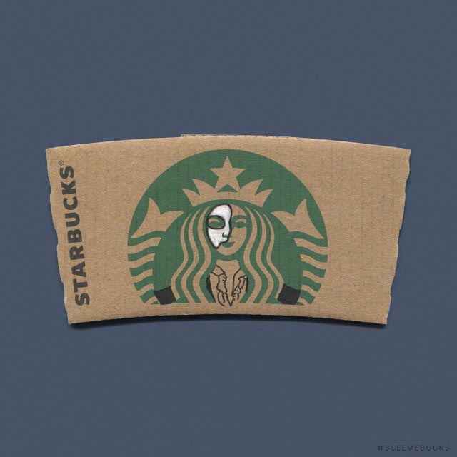 логотип Starbucks персонажи знаменитых мультфильмов, художник рисует персонажей Starbucks 