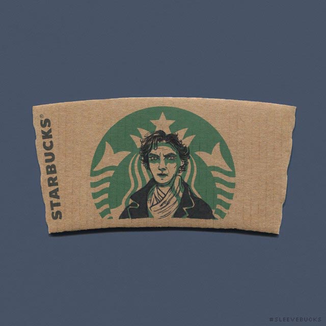 логотип Starbucks персонажи знаменитых мультфильмов, художник рисует персонажей Starbucks 