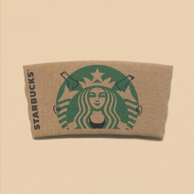 логотип Starbucks персонажи знаменитых мультфильмов, художник рисует персонажей Starbucks 