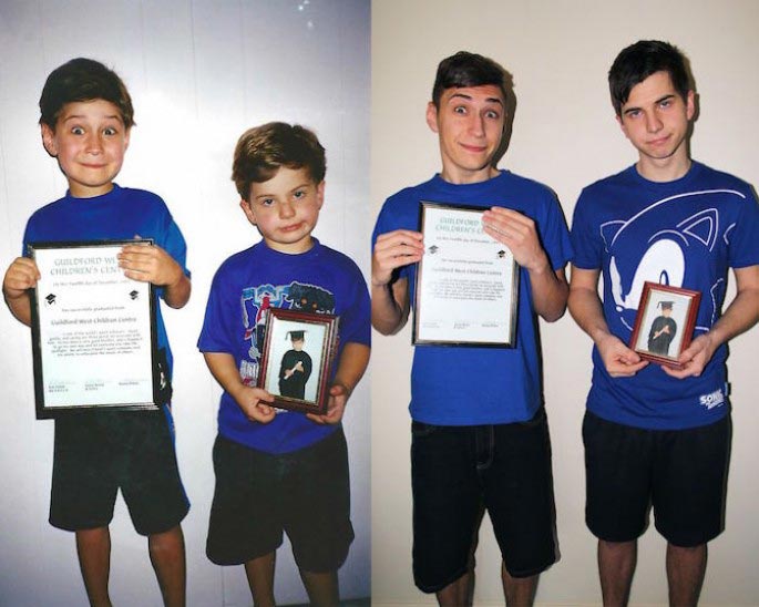 воссозданные детские фотографии,  детские фотографии воссозданные во взрослом возрасте, фотографии тогда и сейчас