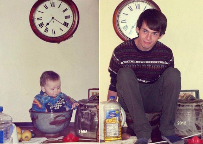 воссозданные детские фотографии,  детские фотографии воссозданные во взрослом возрасте, фотографии тогда и сейчас