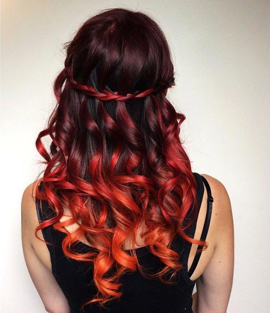 красно-жёлтые волосы, красное омбре, red yellow ombre, яркие волосы