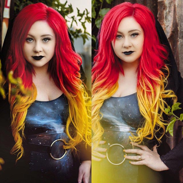 красно-жёлтые волосы, красное омбре, red yellow ombre, яркие волосы