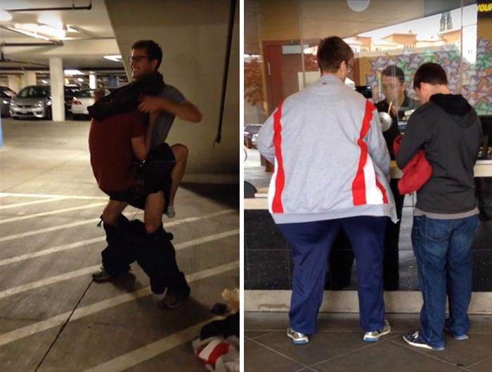 друзья прошли в кинотеатр в костюме одного человека, друзья прошли в кинотеатр одетые как один человек