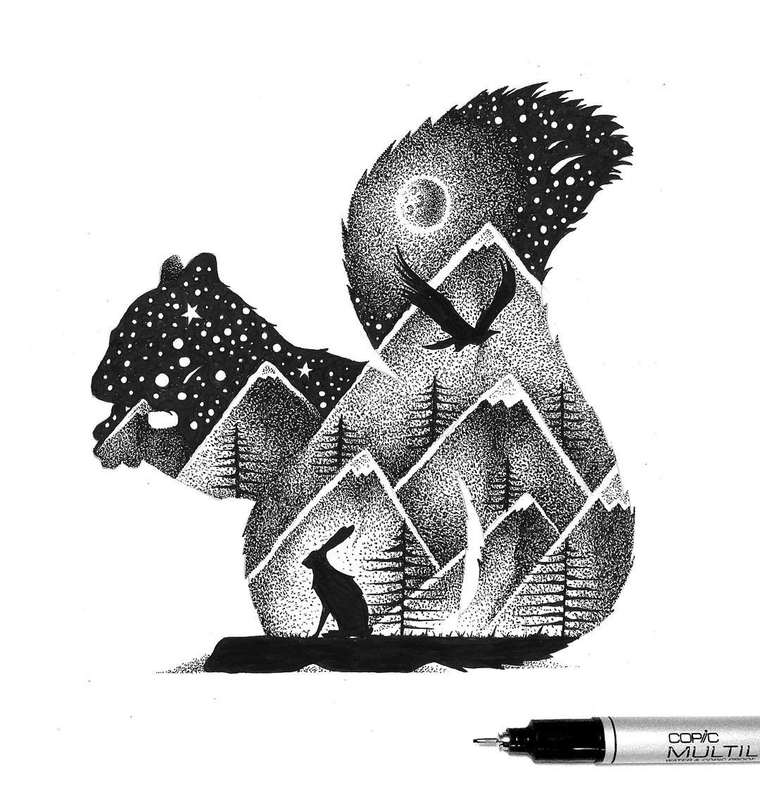 иллюстрации дотворк, двойная экспозиция рисунок, dotwork иллюстрации, Тиаго Бьянкини, Thiago Bianchini