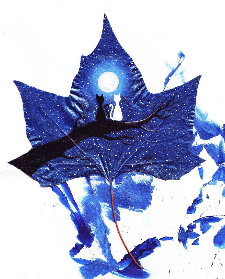 листья вместо холста, 24 Fallen Leaves, рисунки на опавших листьях