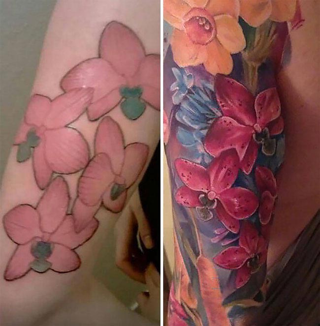 идеи перекрытия татуировок, кавер-ап тату примеры, cover up tattoo, татуировки до и после кавер-ап