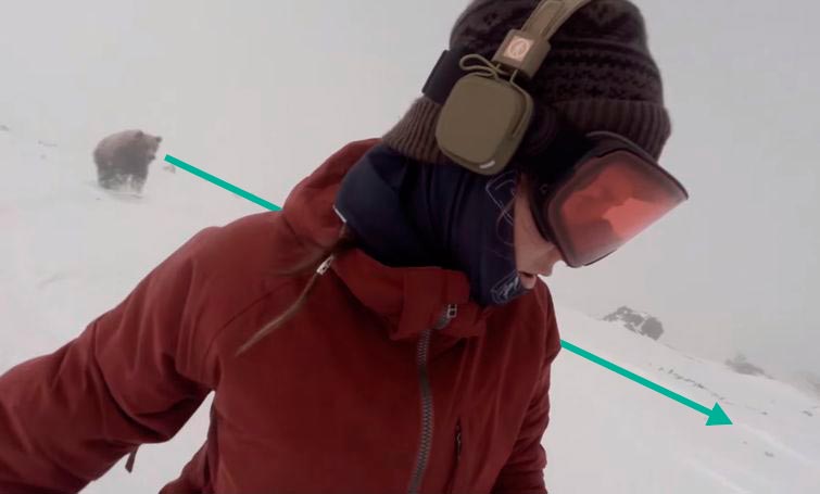 сноубордистка в наушниках медведь, девушка в наушниках не заметила медведя сноуборд, Келли Мёрфи, Kelly Murphy, медведь сноубордистка фейк