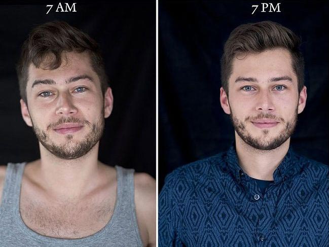 Фотографии, показывающие как может меняться внешность человека в течение дня люди в 7 утра и в 7 вечера, как может меняться человек в течение дня