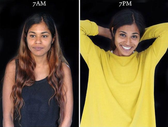 Фотографии, показывающие как может меняться внешность человека в течение дня люди в 7 утра и в 7 вечера, как может меняться человек в течение дня