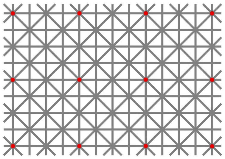 На этой картинке 12 точек, но ваш мозг не позволит вам увидеть их все одновременно 12 чёрных точек на фото, разглядеть черные точки на фото, черные точки на фото увидеть одновременно