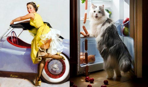 пинап плакаты и кошки, сравнение пинап с кошками, пинап и кошки в одинаковых позах